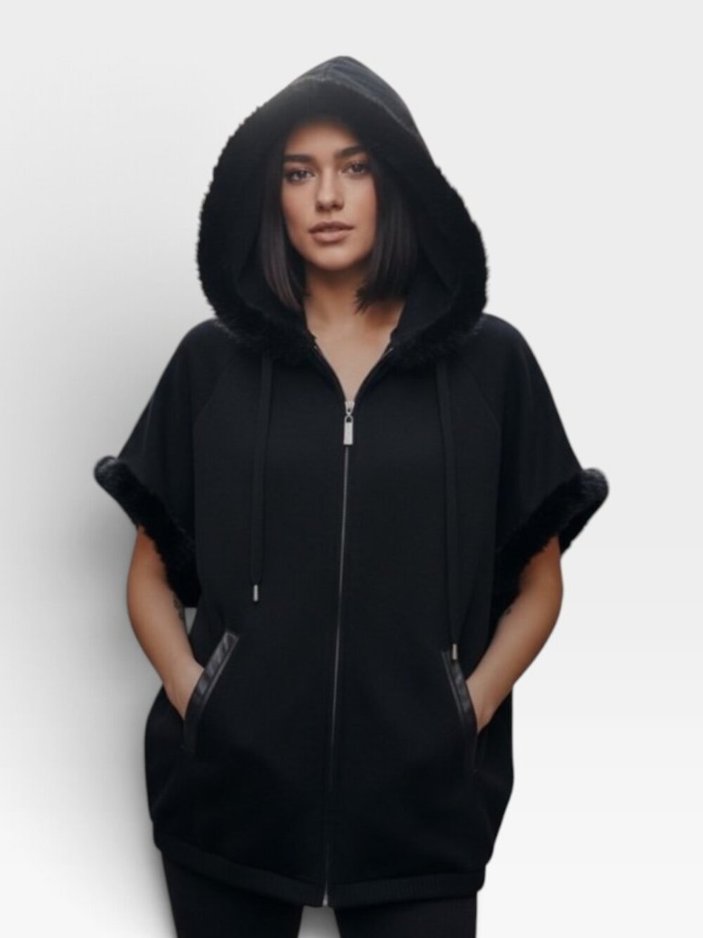 Max & Moi Paris Batwing Hooded Cape Sweater Real Mink Fur Trim Boho Chic Sz 36